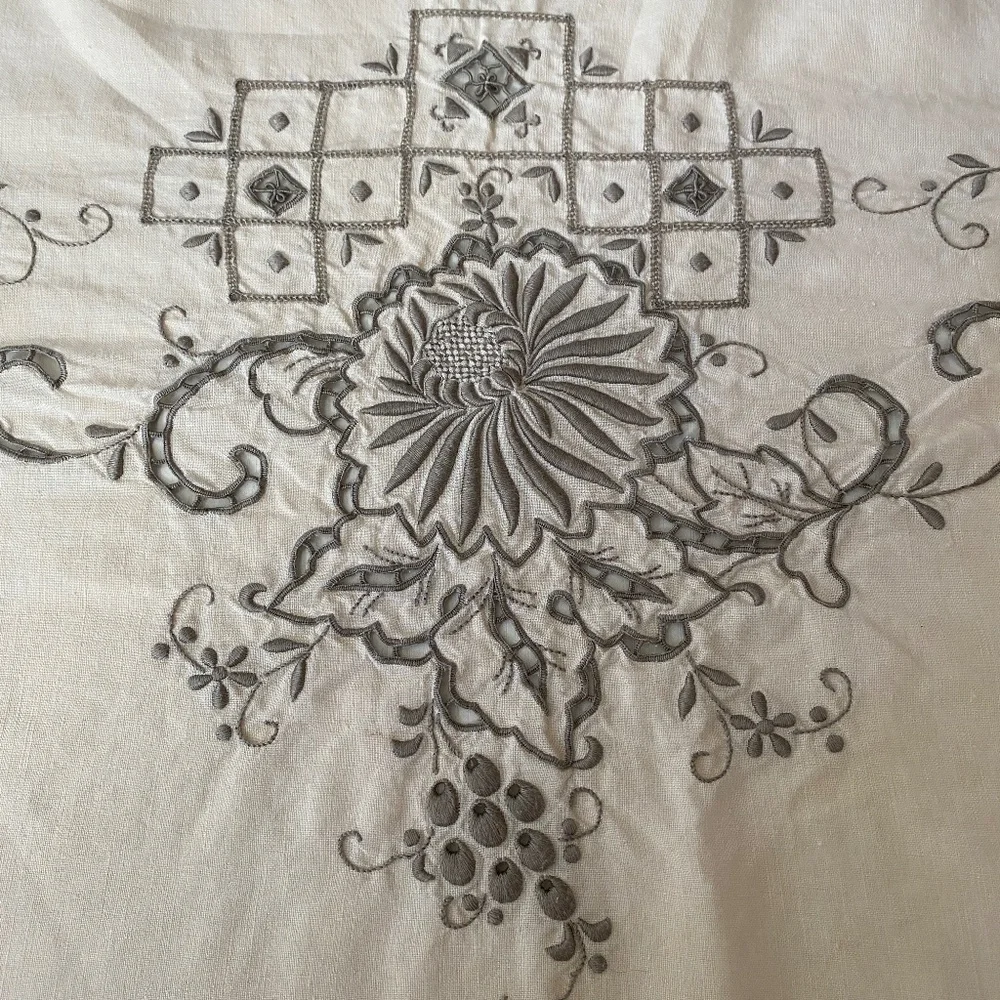 Vintage European Embroidered Floral Grape Vines Tablecloth 65
